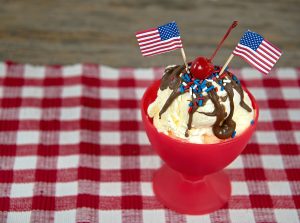 American flags on a chocolate sundae
